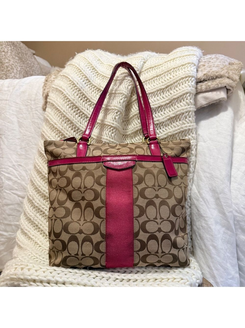 Coach Signature Monogram Vintage Tote Bag Pink Brown Y2K Vintage F28504 Large